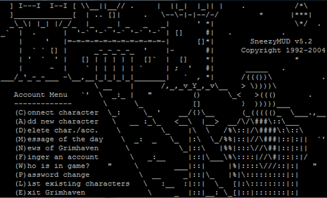 Sneezy MUD Sneezy MUD, el MUD que solía jugar cuando empecé la universidad. Más información en www.sneezymud.com